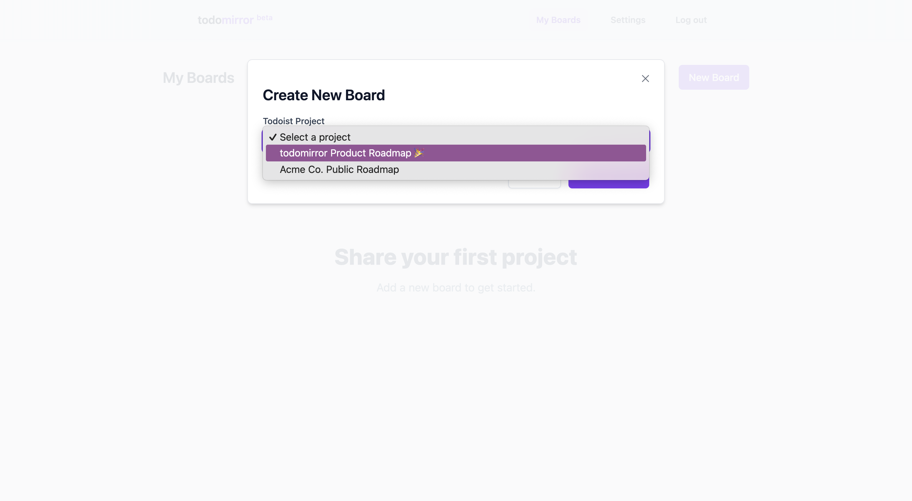 TodoMirror project list with Share buttons