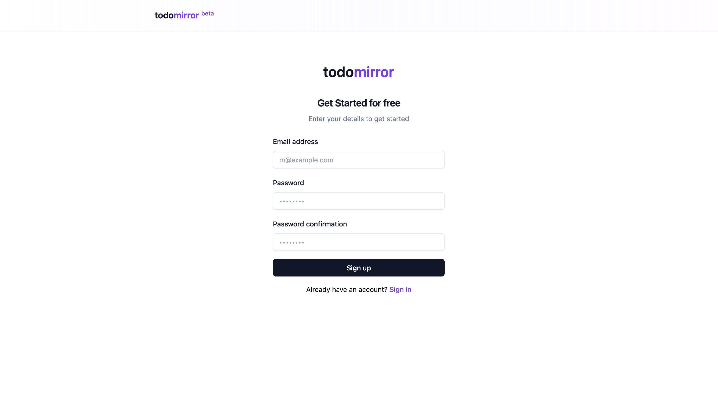 TodoMirror sign-up page